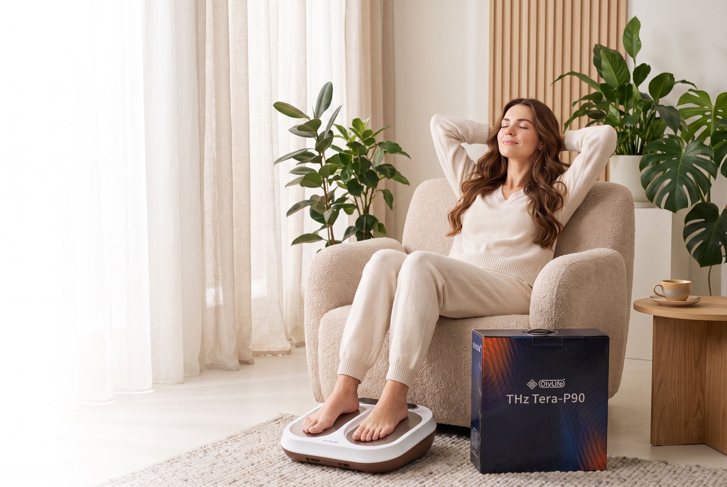 A woman relaxing in an armchair at home with her feet on the OlyLife Tera-P90 platform