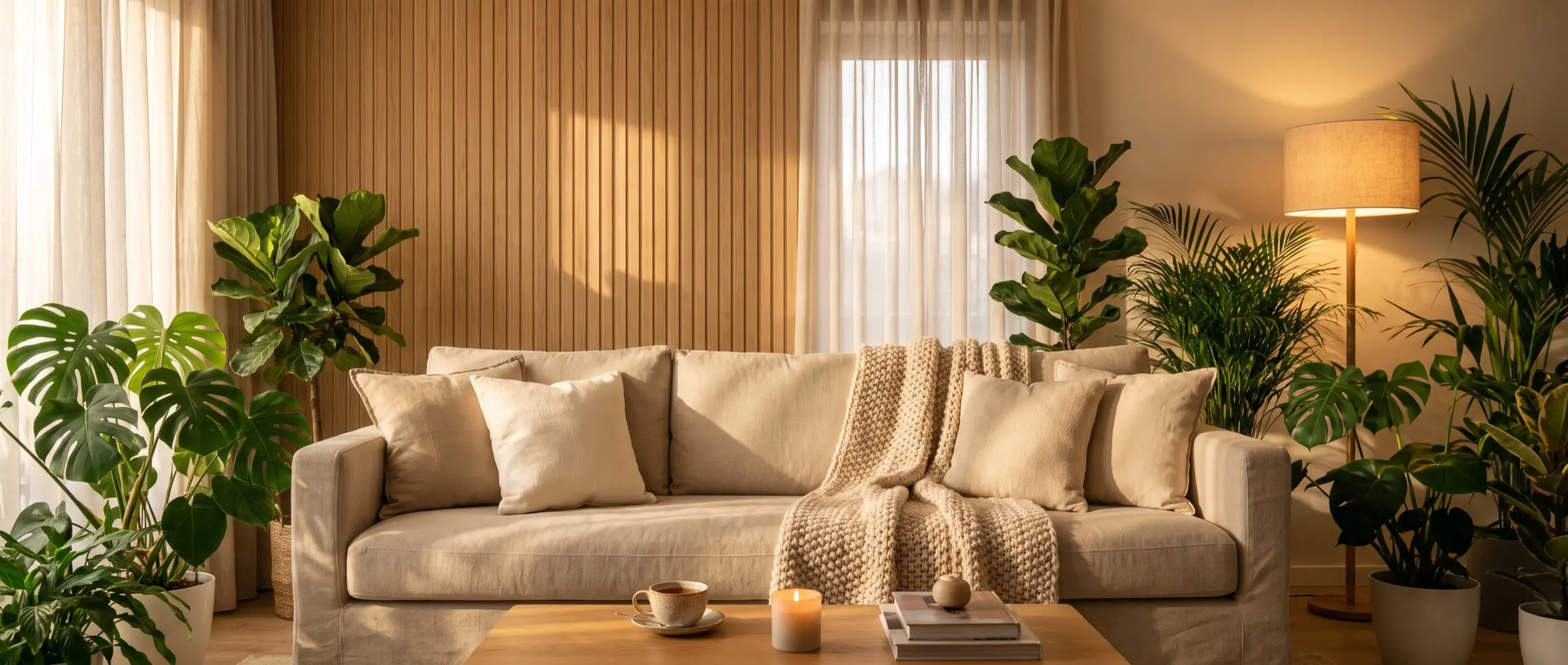 A cosy living room with plants in warm evening light